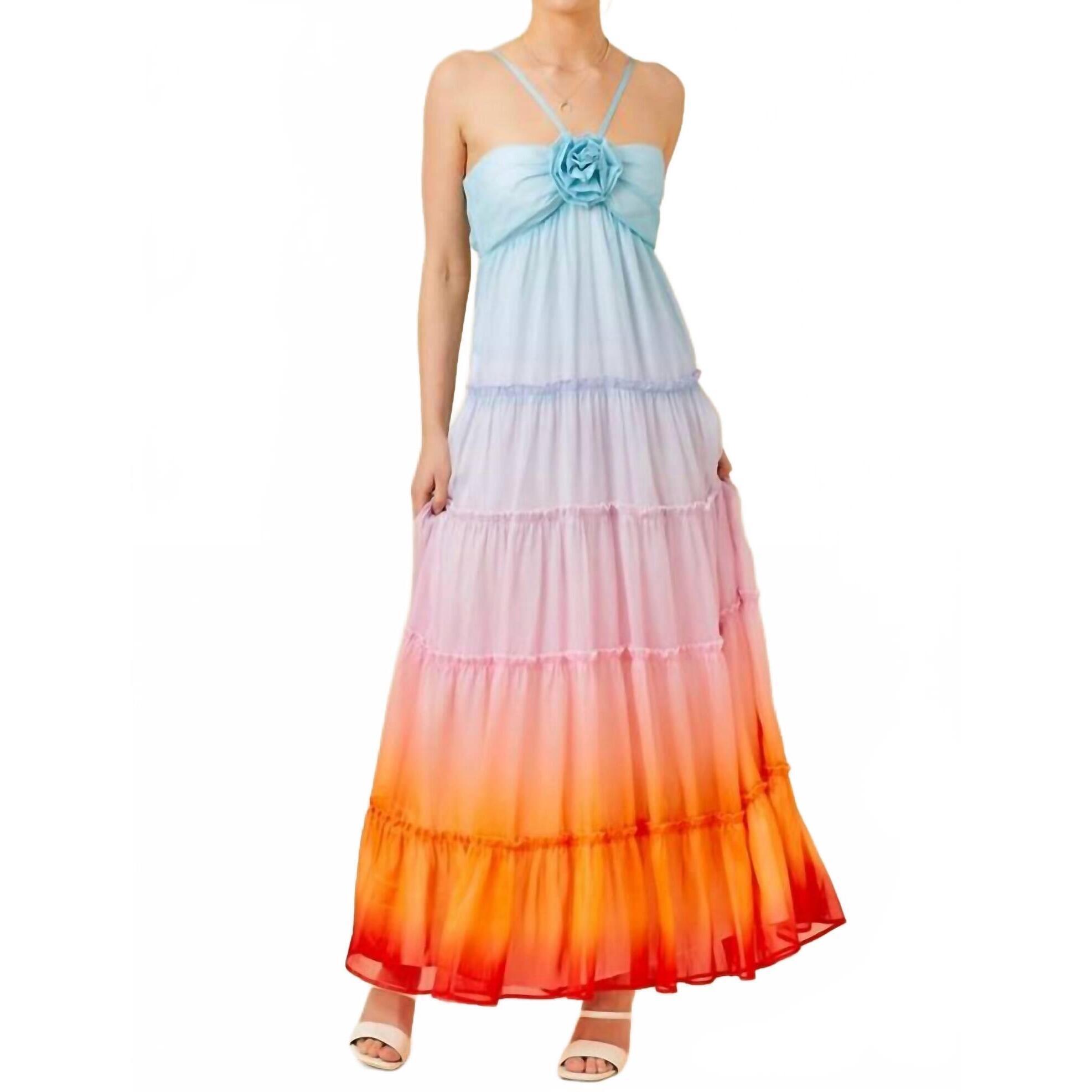 New Main Strip 3d Flower Ruffle Trim Ombre Print Maxi Dress In Multi Ombre